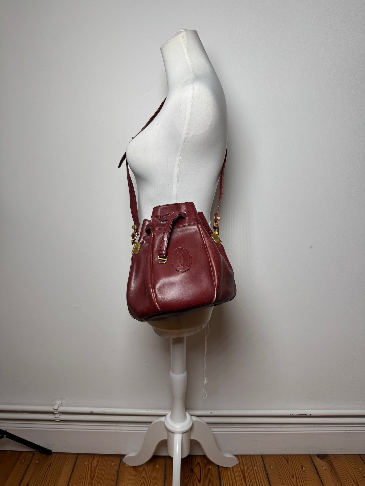 Vintage Cartier Leather Seau Bucket Bag Burgundy