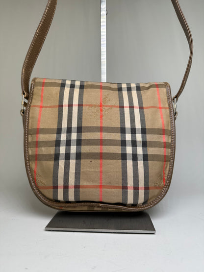 Vintage Burberry Check Canvas Shoulder Bag Beige Brown Red