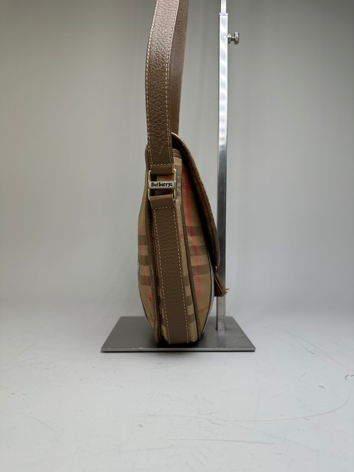 Vintage Burberry Check Canvas Shoulder Bag Beige Brown Red