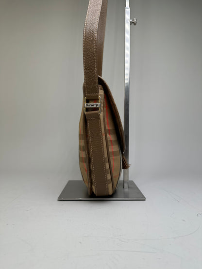 Vintage Burberry Check Canvas Shoulder Bag Beige Brown Red