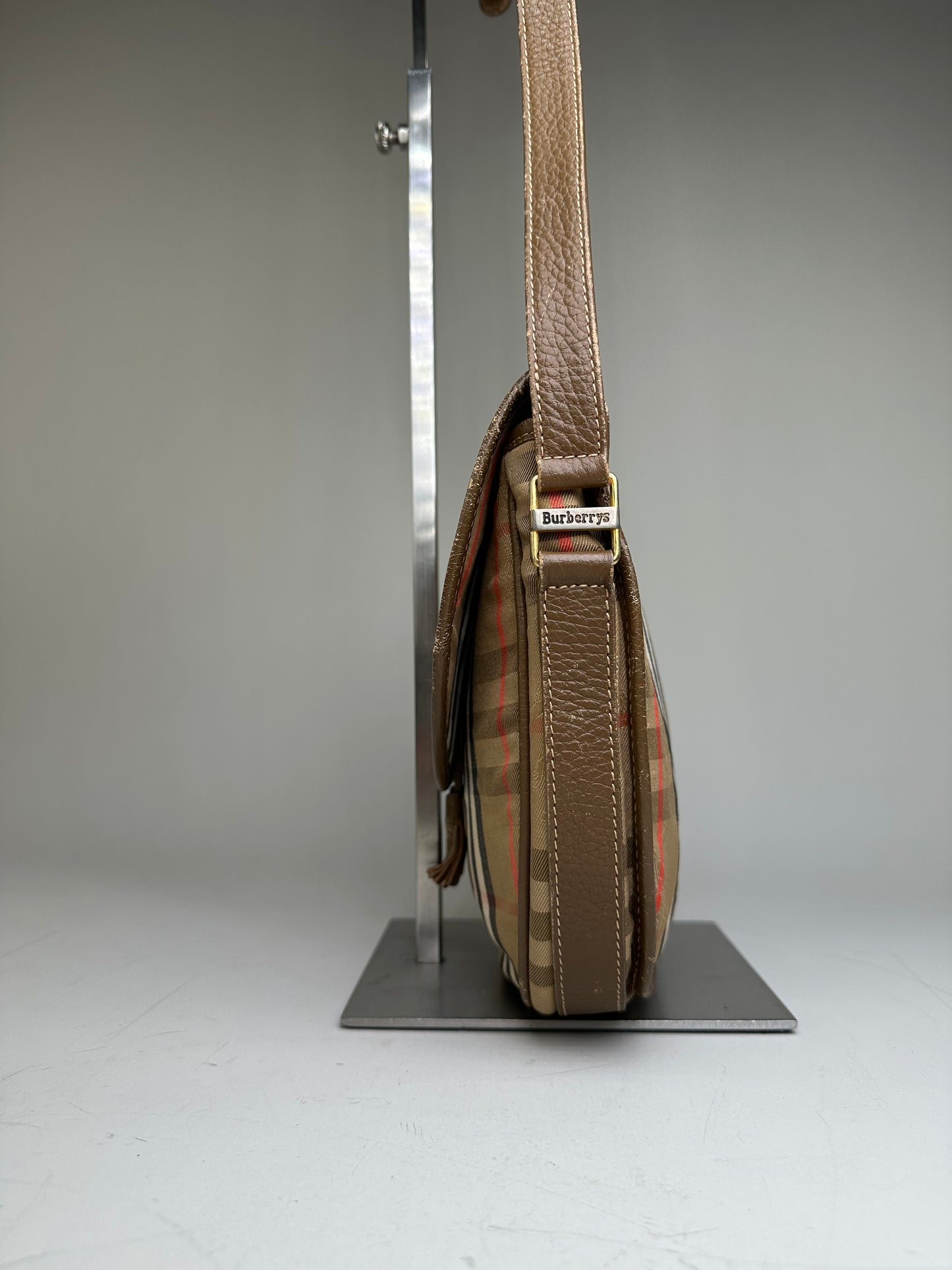 Vintage Burberry Check Canvas Shoulder Bag Beige Brown Red