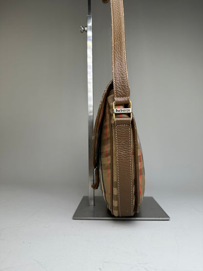Vintage Burberry Check Canvas Shoulder Bag Beige Brown Red