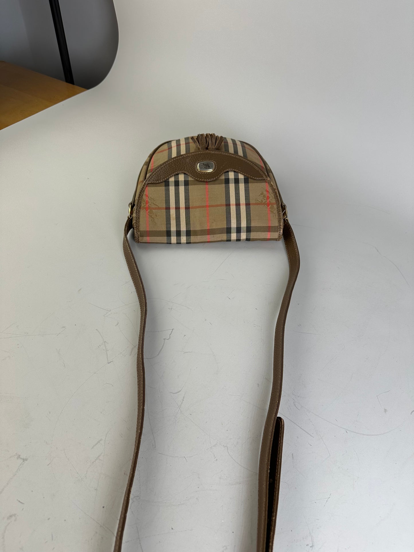 Vintage Burberry Check Canvas Shoulder Bag Beige Brown Red