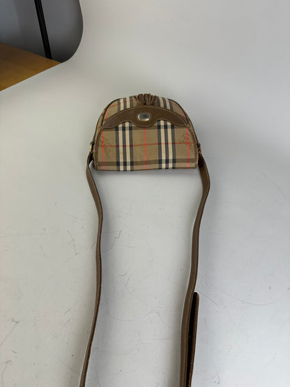 Vintage Burberry Check Canvas Shoulder Bag Beige Brown Red