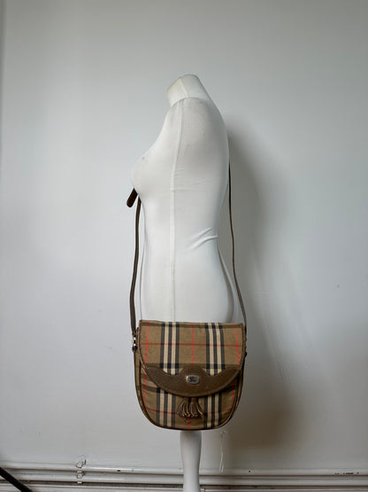 Vintage Burberry Check Canvas Shoulder Bag Beige Brown Red