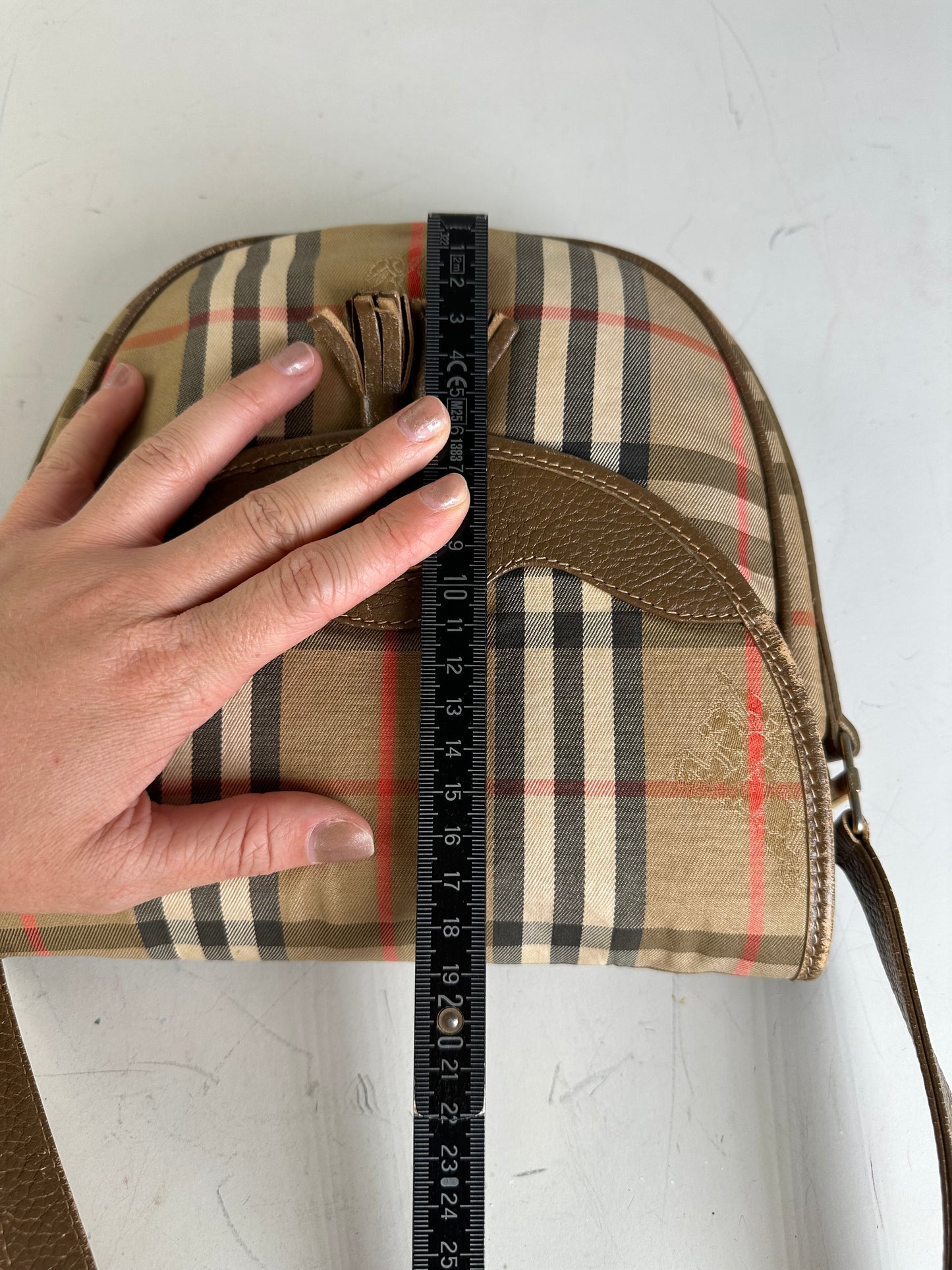 Vintage Burberry Check Canvas Shoulder Bag Beige Brown Red