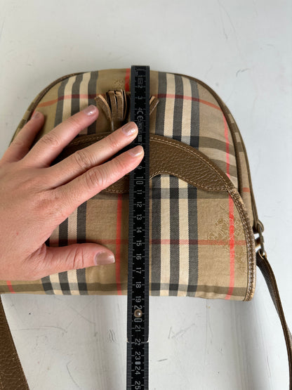 Vintage Burberry Check Canvas Shoulder Bag Beige Brown Red