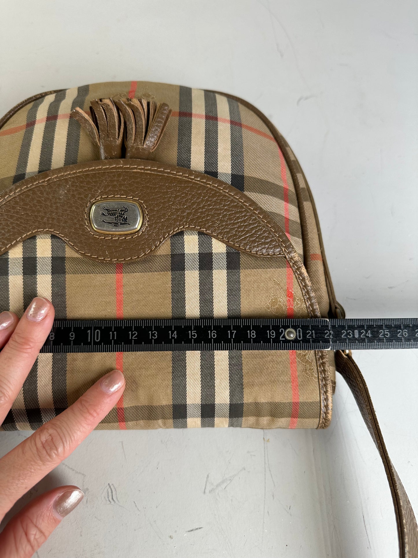 Vintage Burberry Check Canvas Shoulder Bag Beige Brown Red