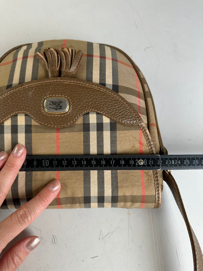 Vintage Burberry Check Canvas Shoulder Bag Beige Brown Red