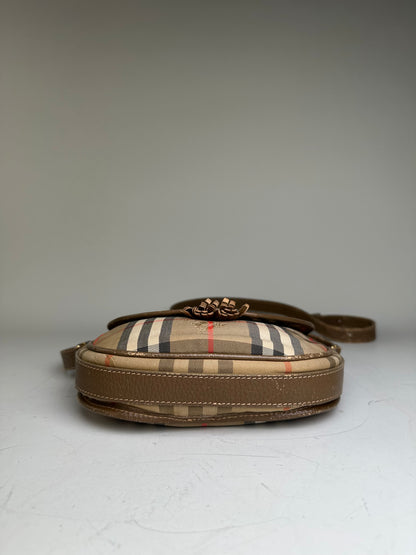 Vintage Burberry Check Canvas Shoulder Bag Beige Brown Red