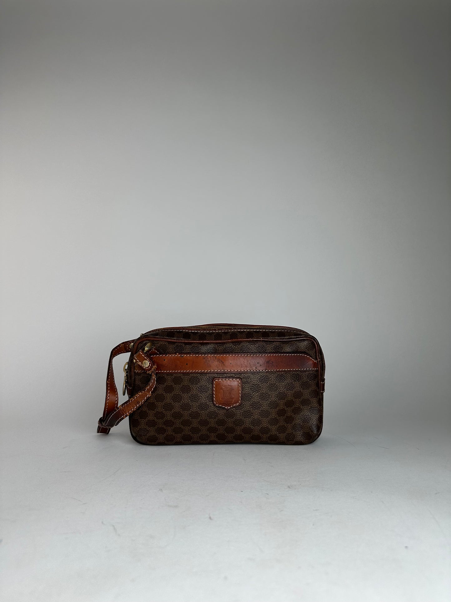 Vintage Celine Paris Triomphe Monogram Leather Clutch Brown