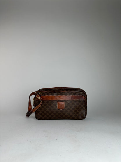 Vintage Celine Paris Triomphe Monogram Leather Clutch Brown