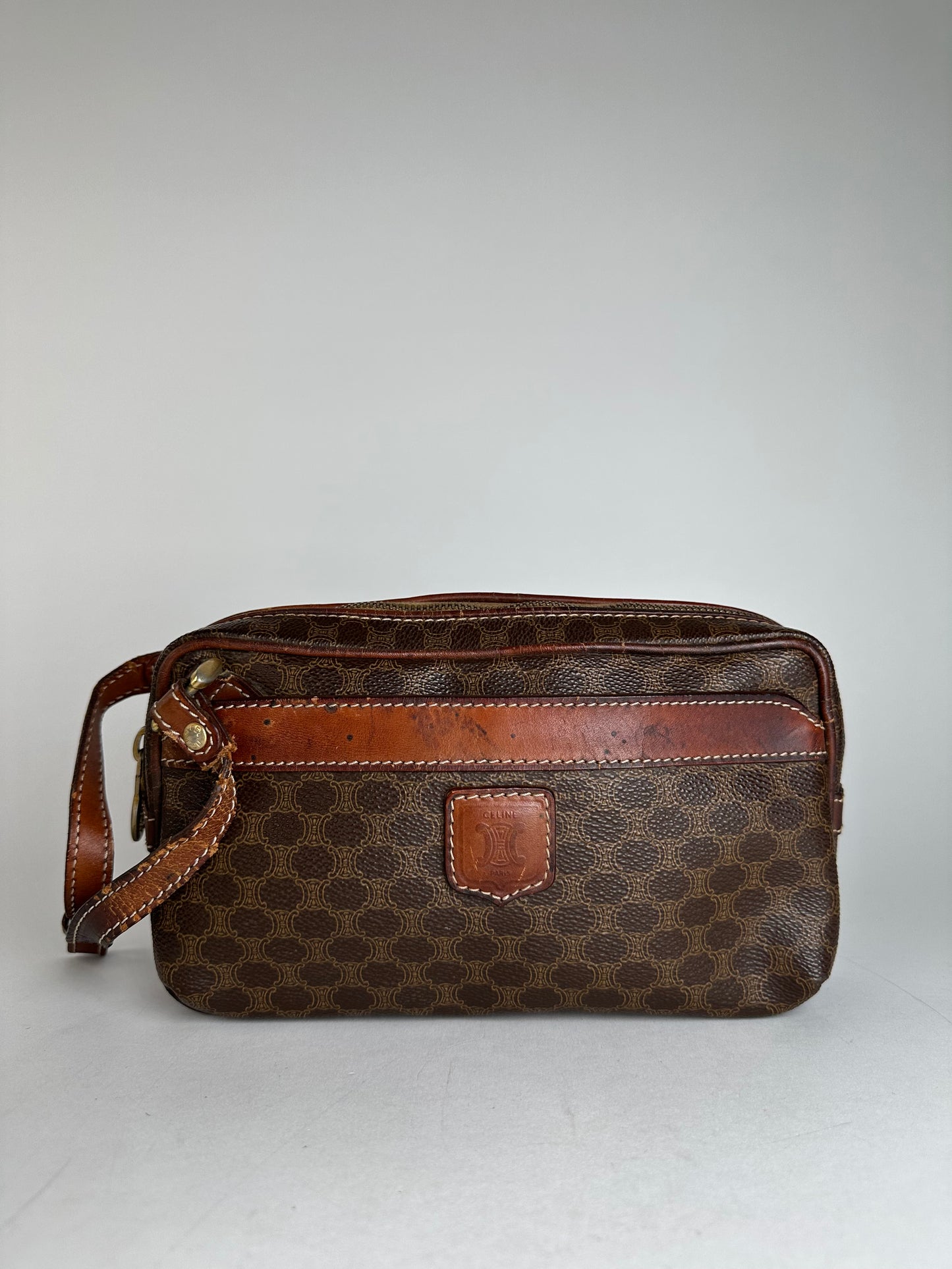 Vintage Celine Paris Triomphe Monogram Leather Clutch Brown
