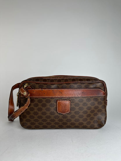 Vintage Celine Paris Triomphe Monogram Leather Clutch Brown