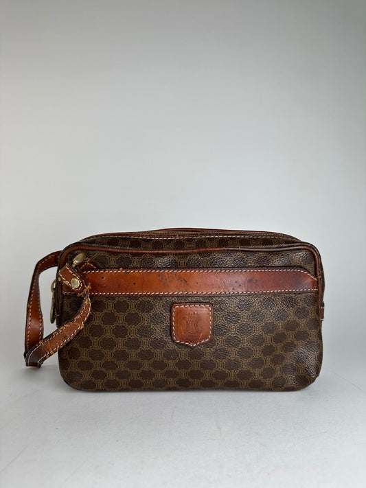 Vintage Celine Paris Triomphe Monogram Leather Clutch Brown