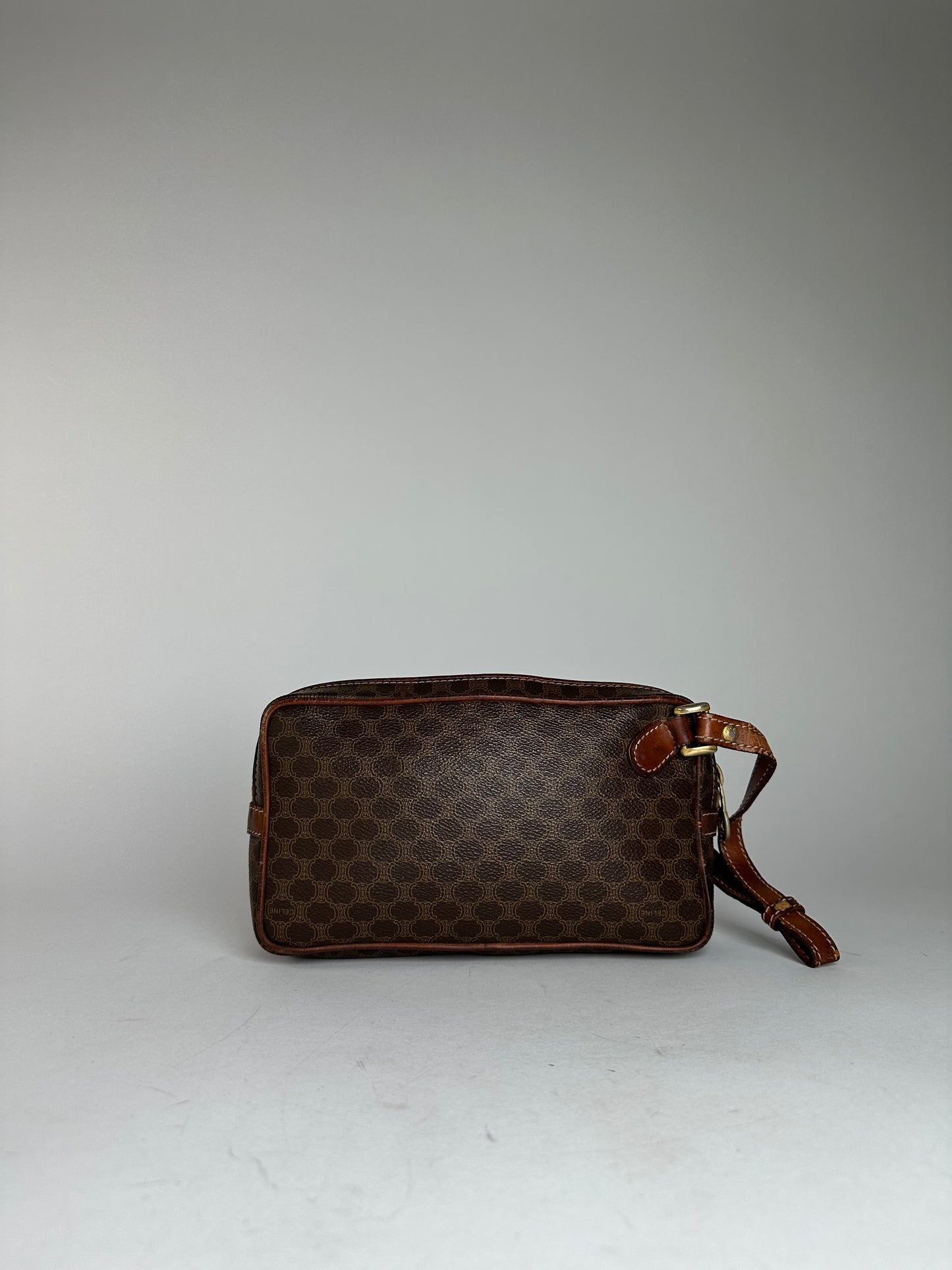 Vintage Celine Paris Triomphe Monogram Leather Clutch Brown