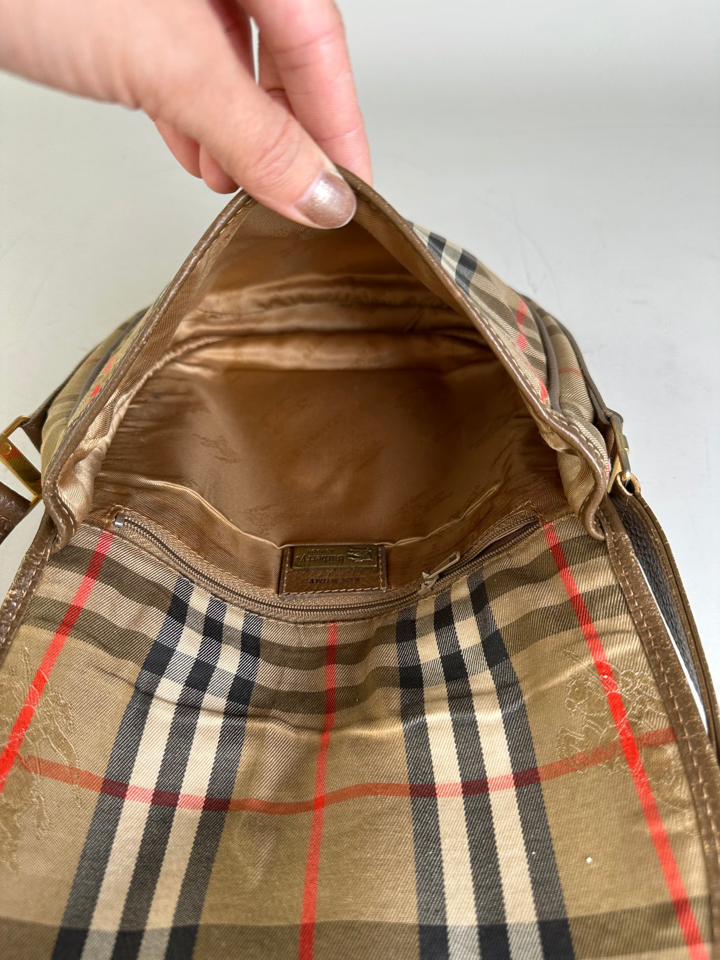 Vintage Burberry Check Canvas Shoulder Bag Beige Brown Red