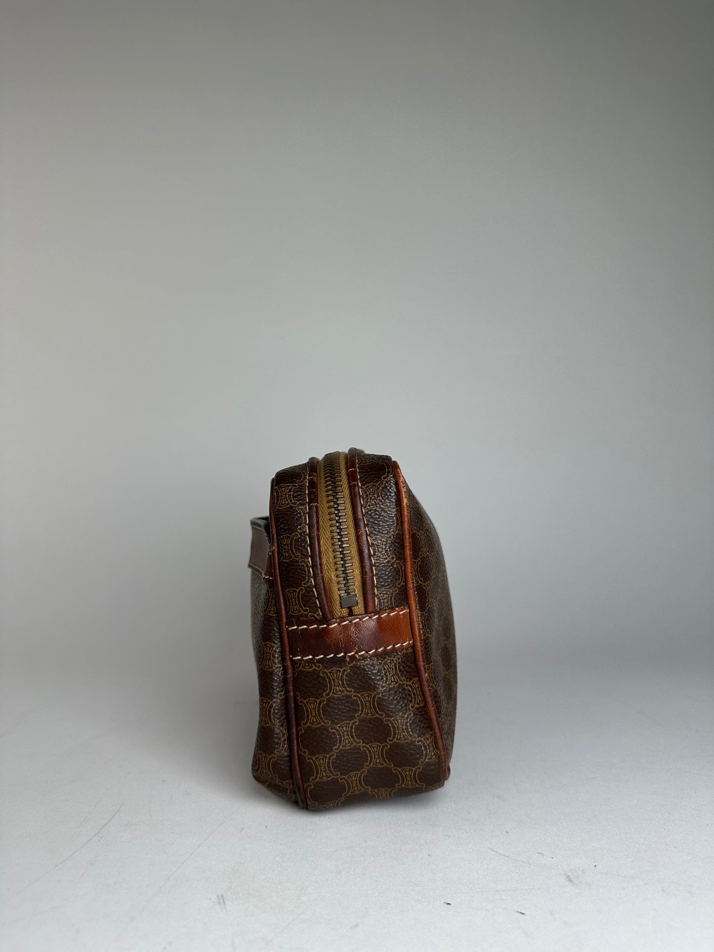Vintage Celine Paris Triomphe Monogram Leather Clutch Brown