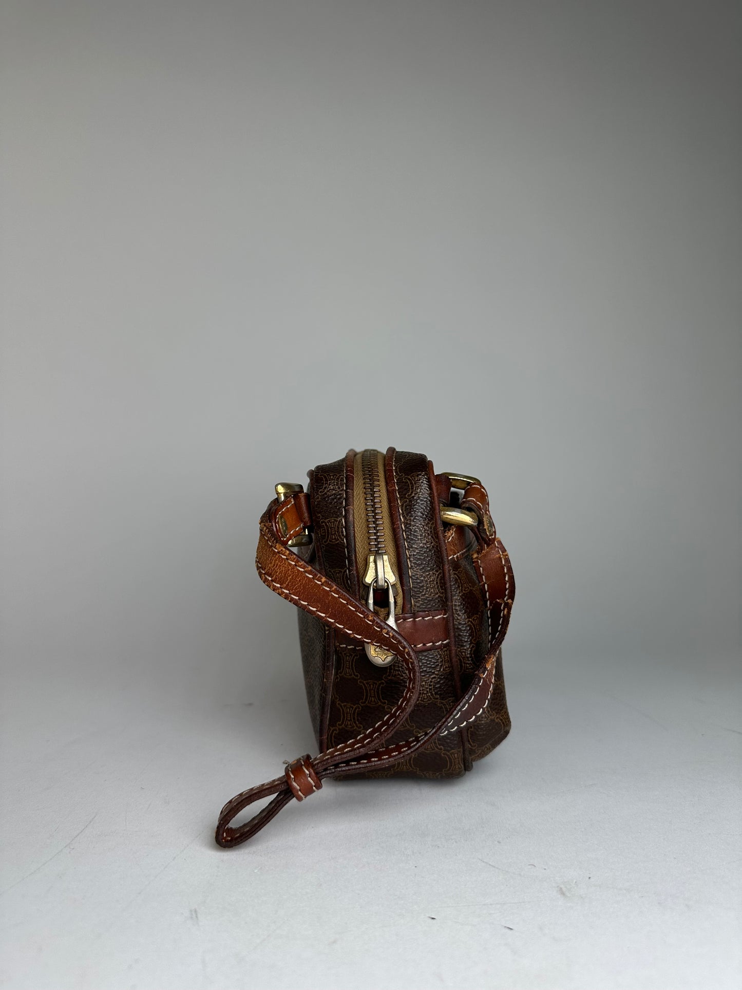 Vintage Celine Paris Triomphe Monogram Leather Clutch Brown