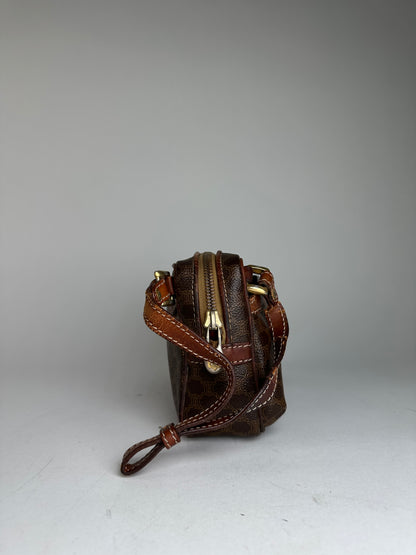 Vintage Celine Paris Triomphe Monogram Leather Clutch Brown