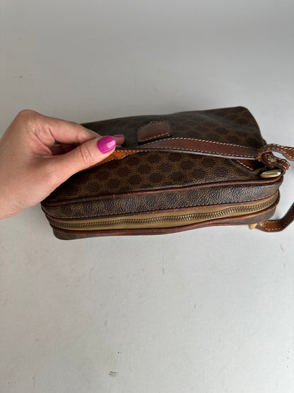 Vintage Celine Paris Triomphe Monogram Leather Clutch Brown