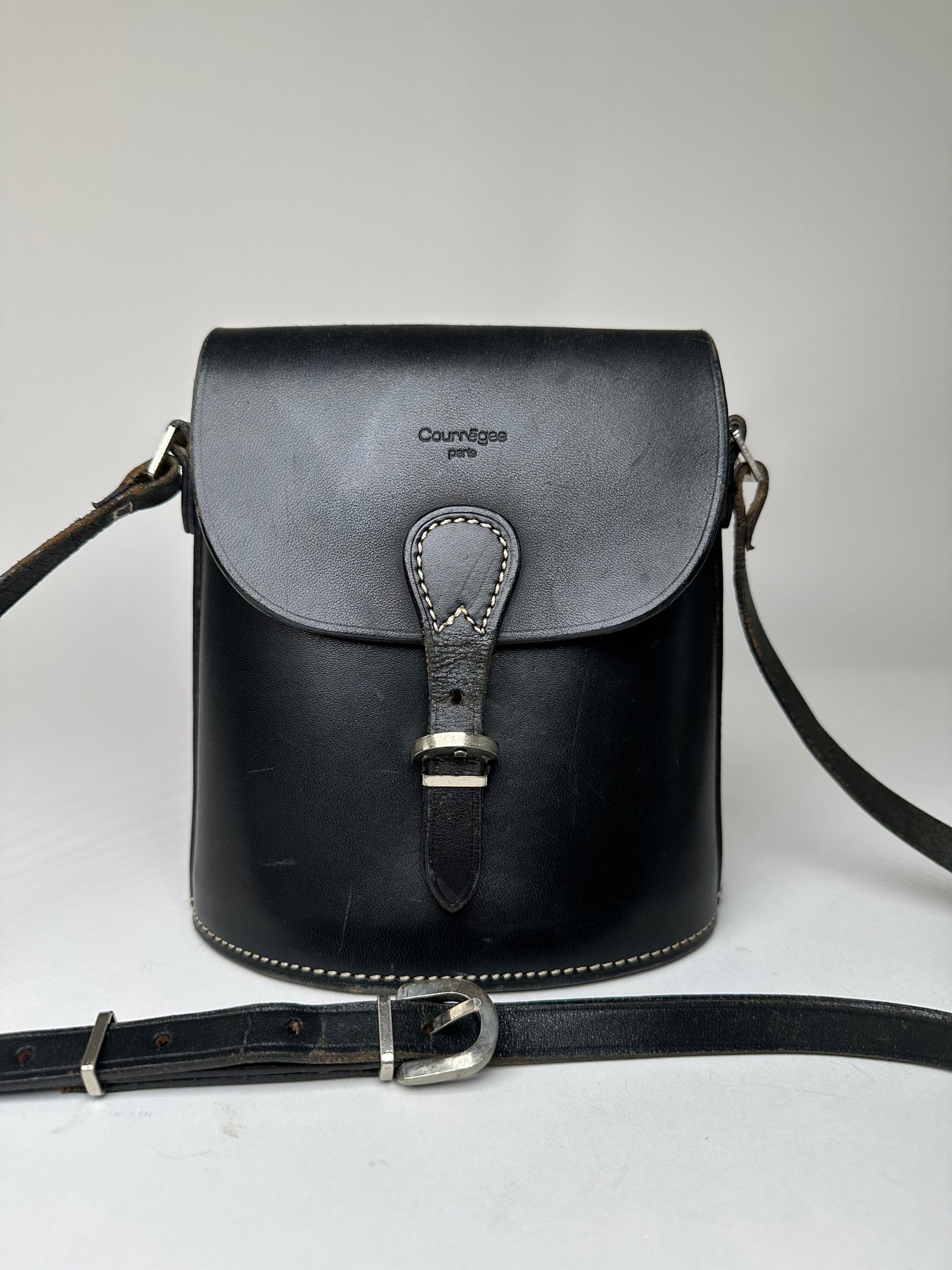 Vintage Courreges Paris Leather Crossbody Flap Bag Black