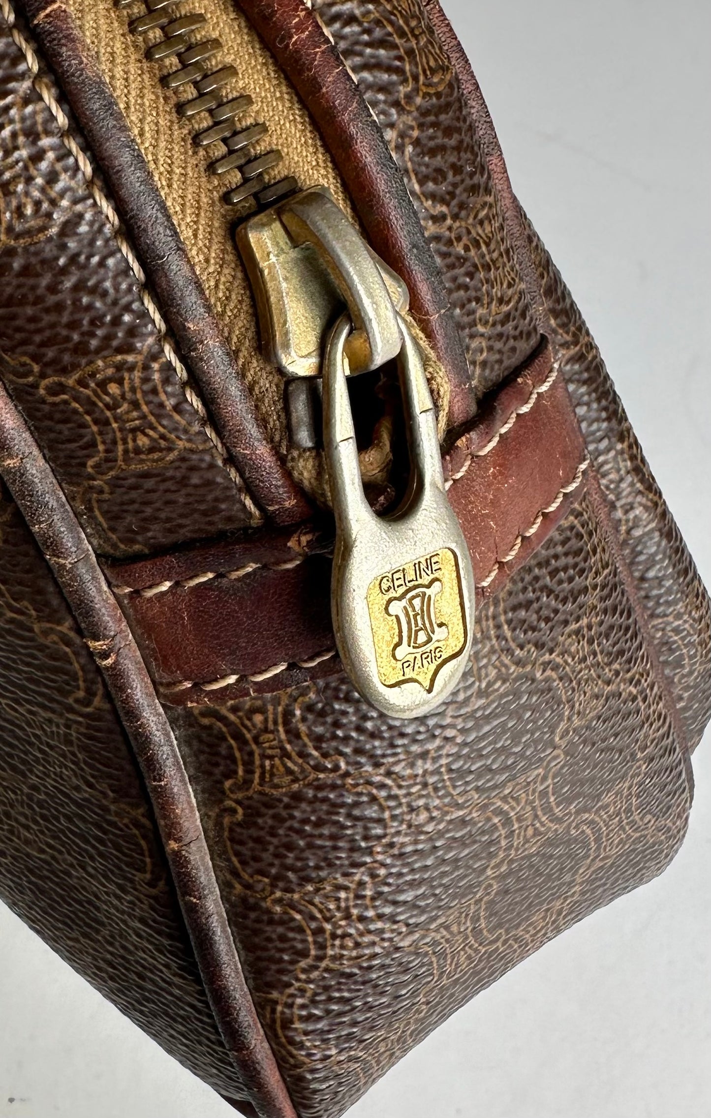 Vintage Celine Paris Triomphe Monogram Leather Clutch Brown
