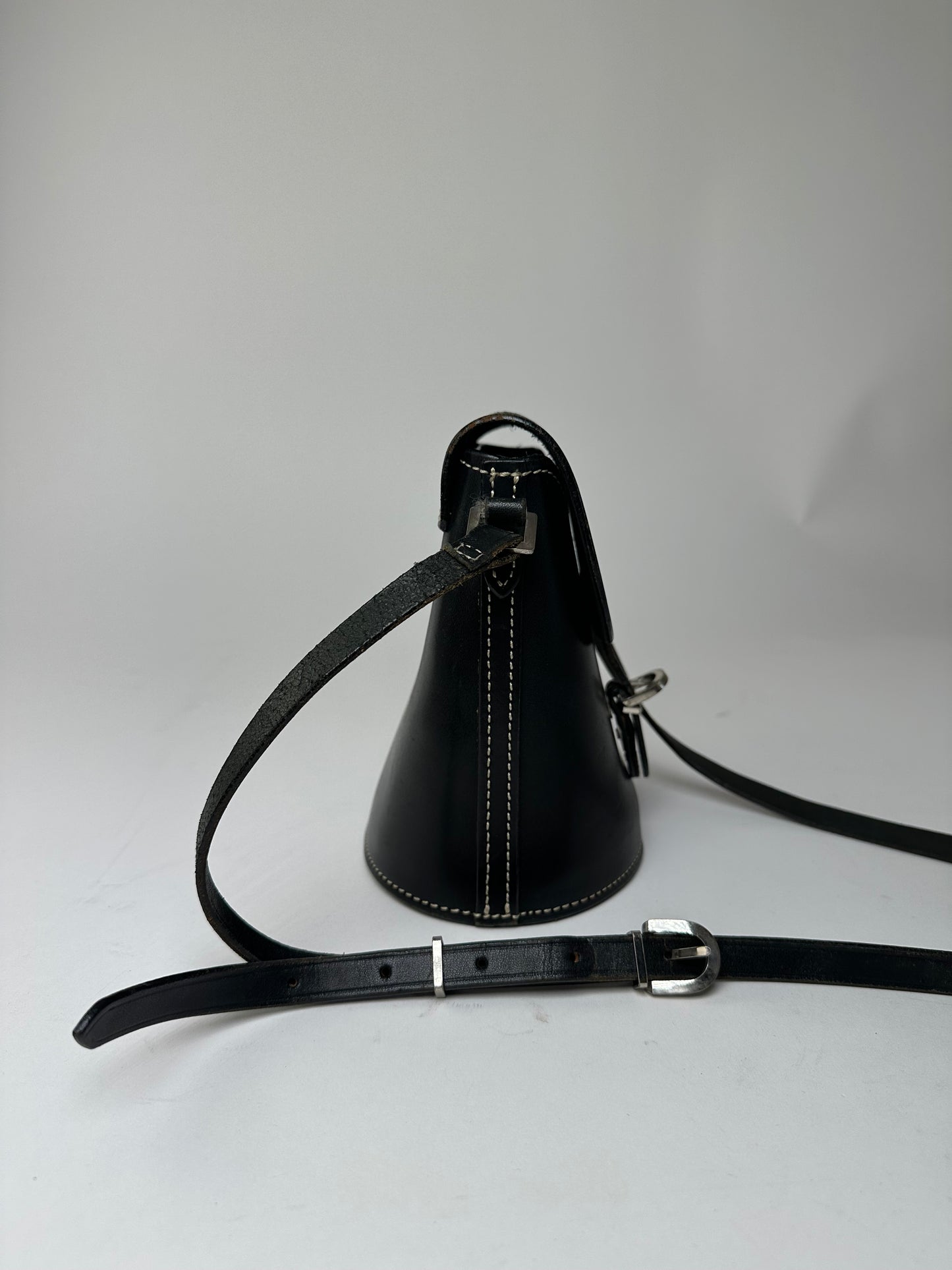 Vintage Courreges Paris Leather Crossbody Flap Bag Black