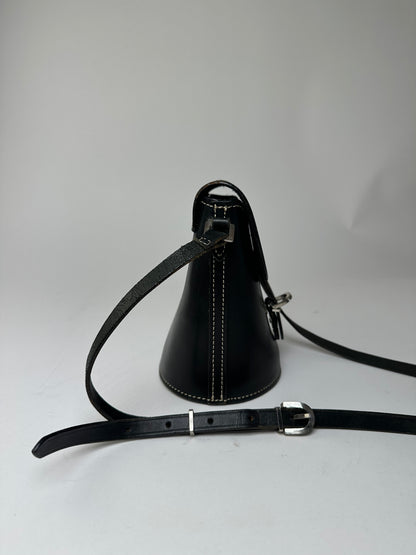 Vintage Courreges Paris Leather Crossbody Flap Bag Black