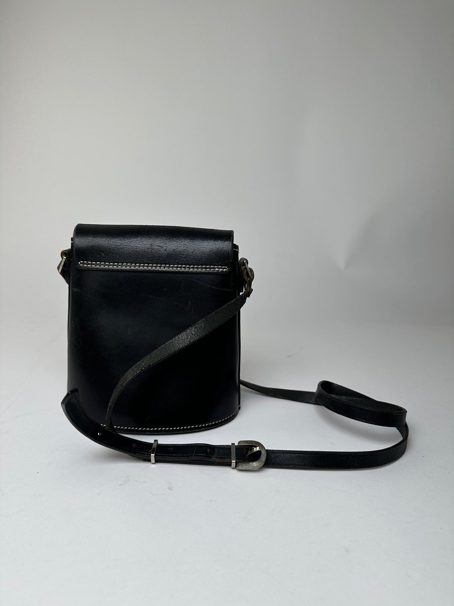 Vintage Courreges Paris Leather Crossbody Flap Bag Black