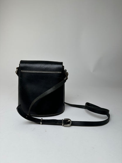 Vintage Courreges Paris Leather Crossbody Flap Bag Black