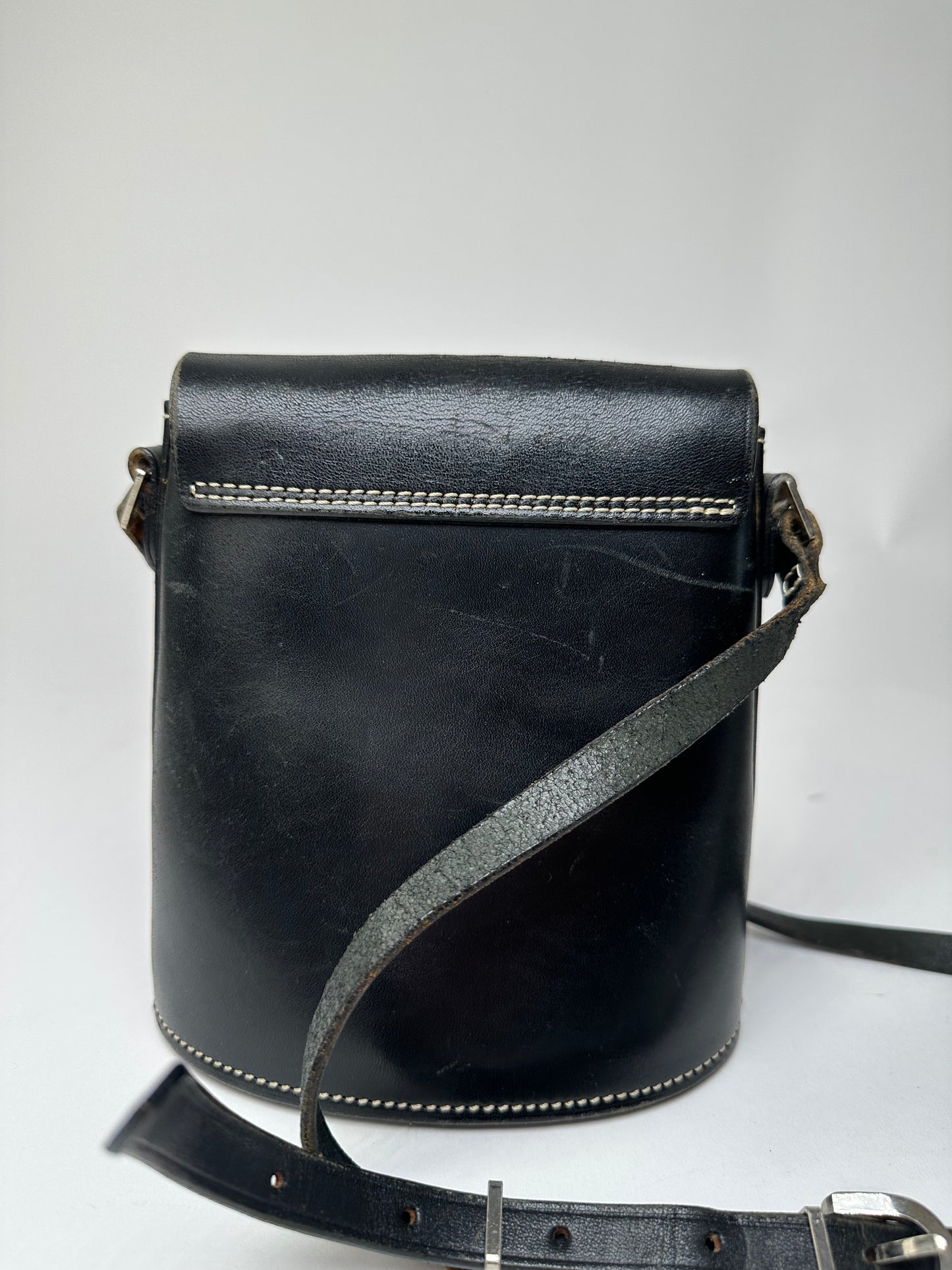 Vintage Courreges Paris Leather Crossbody Flap Bag Black