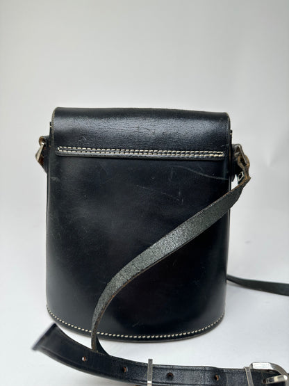 Vintage Courreges Paris Leather Crossbody Flap Bag Black
