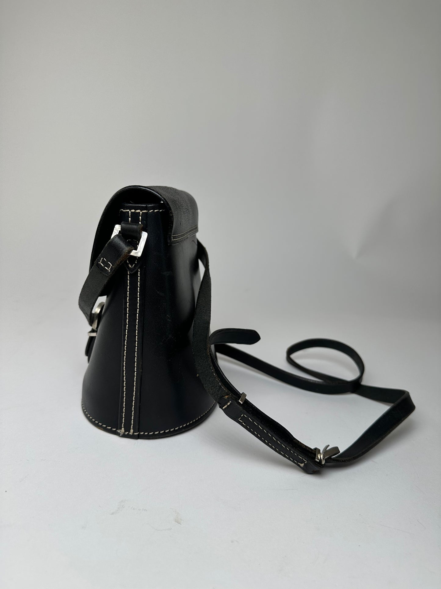 Vintage Courreges Paris Leather Crossbody Flap Bag Black