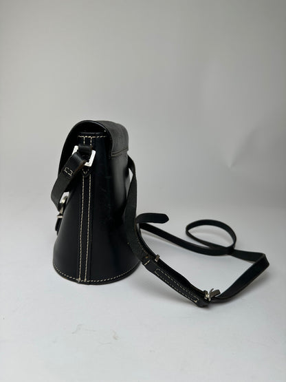 Vintage Courreges Paris Leather Crossbody Flap Bag Black