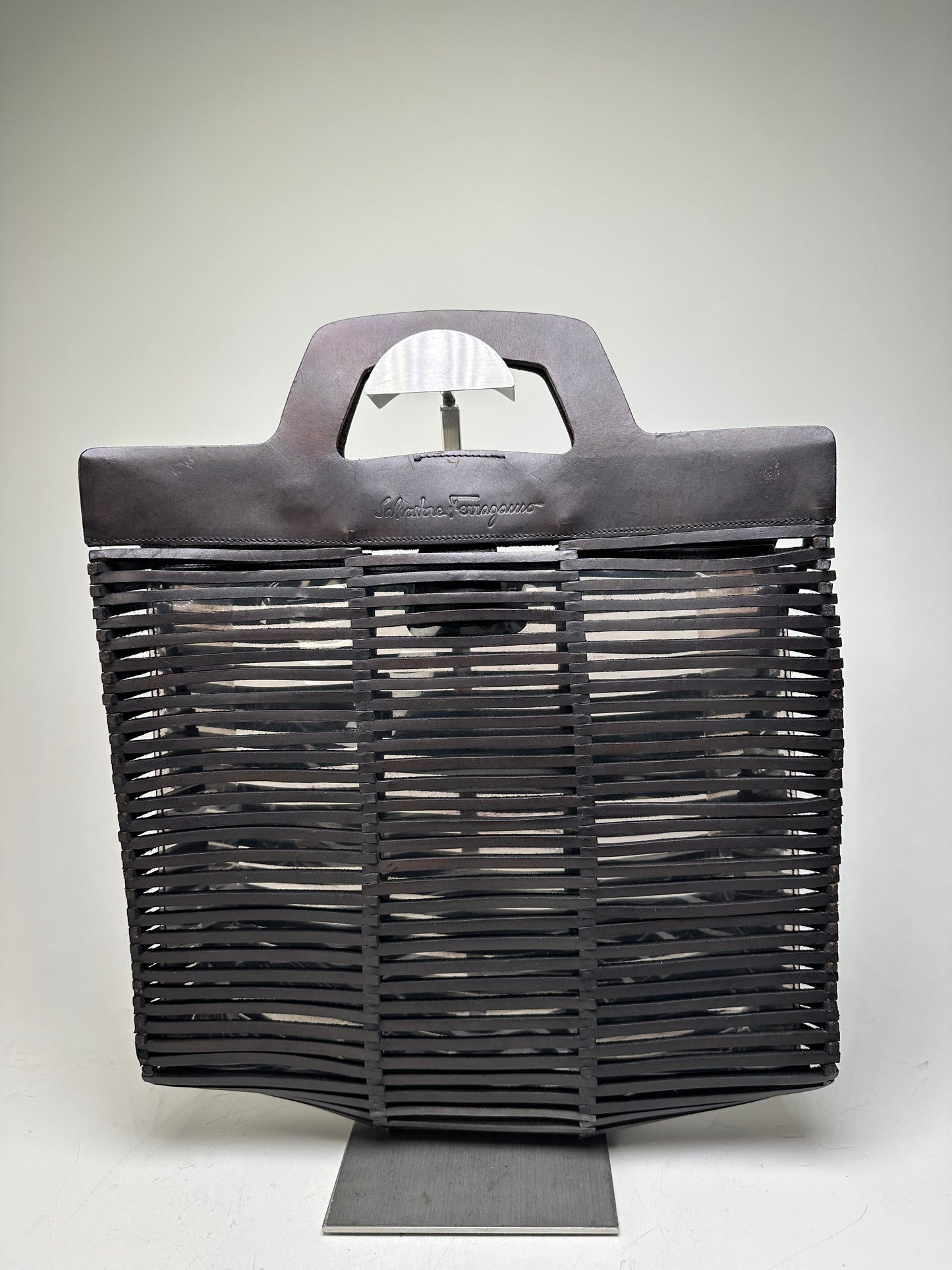 Vintage Ferragamo Woven Plastic Leather Tote Black Silver
