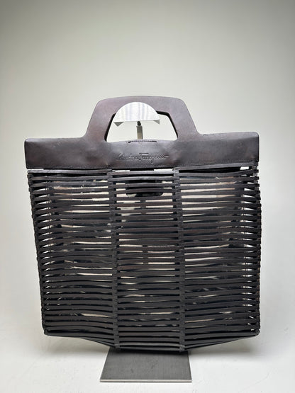 Vintage Ferragamo Woven Plastic Leather Tote Black Silver
