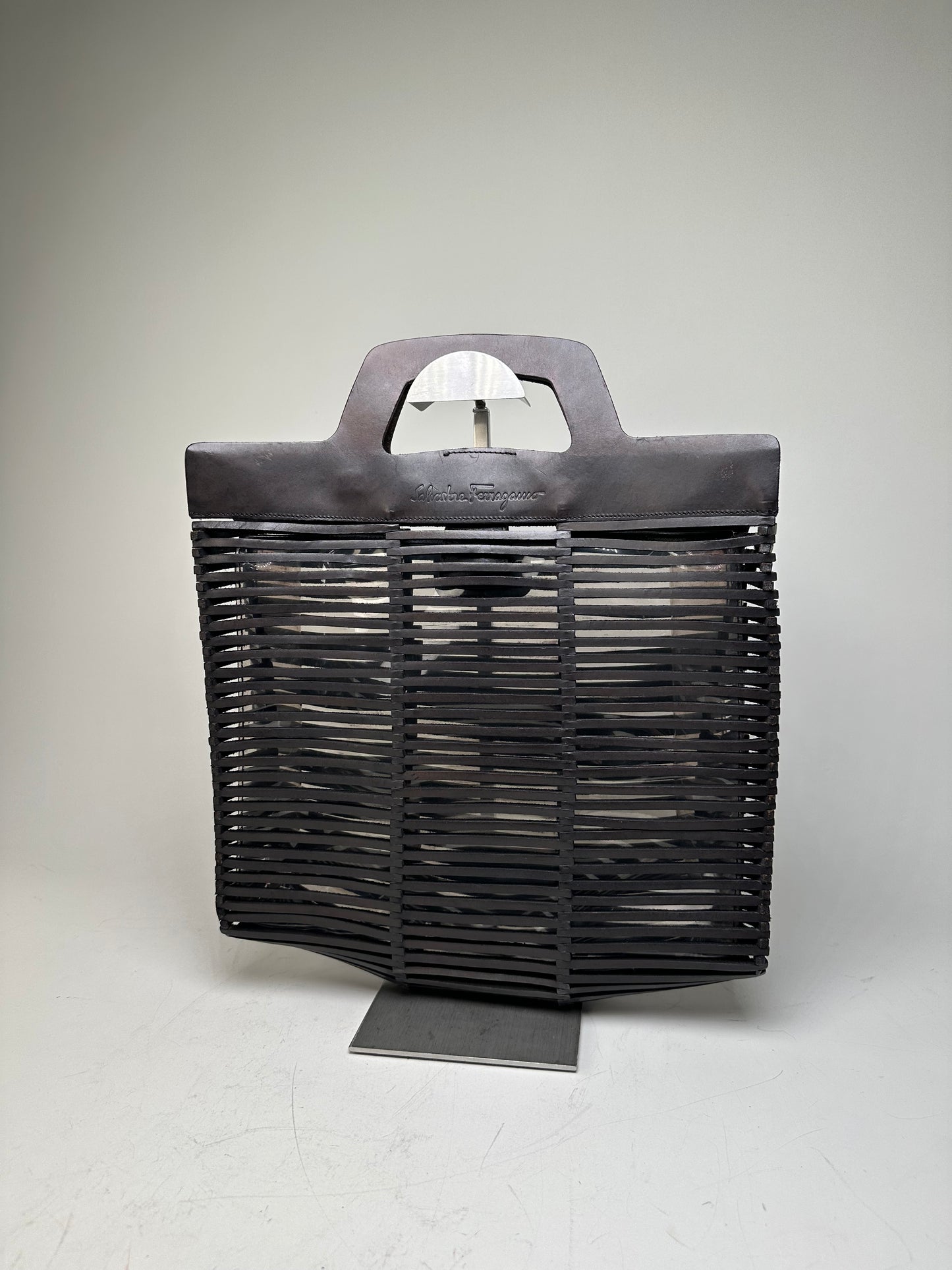 Vintage Ferragamo Woven Plastic Leather Tote Black Silver