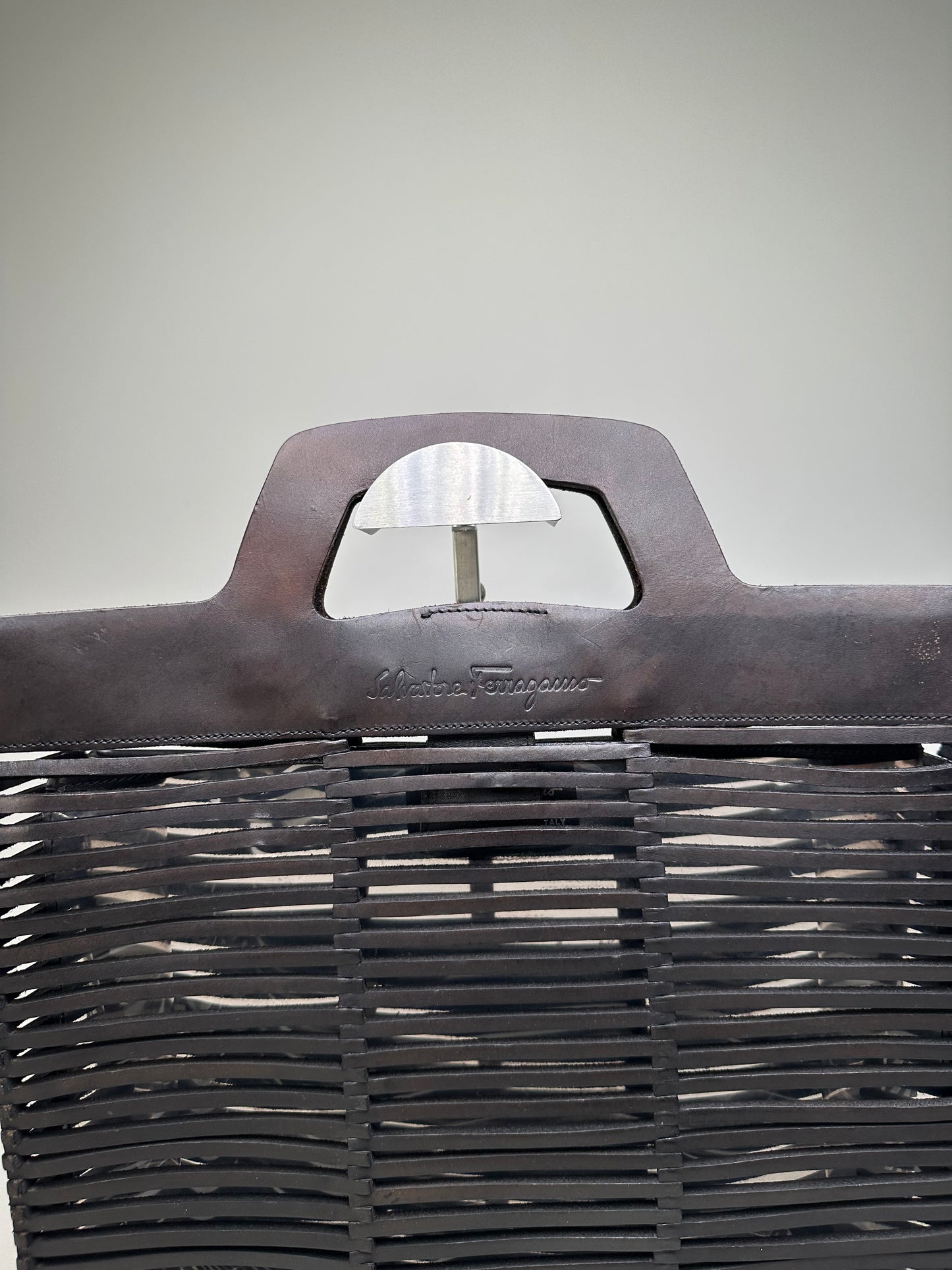 Vintage Ferragamo Woven Plastic Leather Tote Black Silver