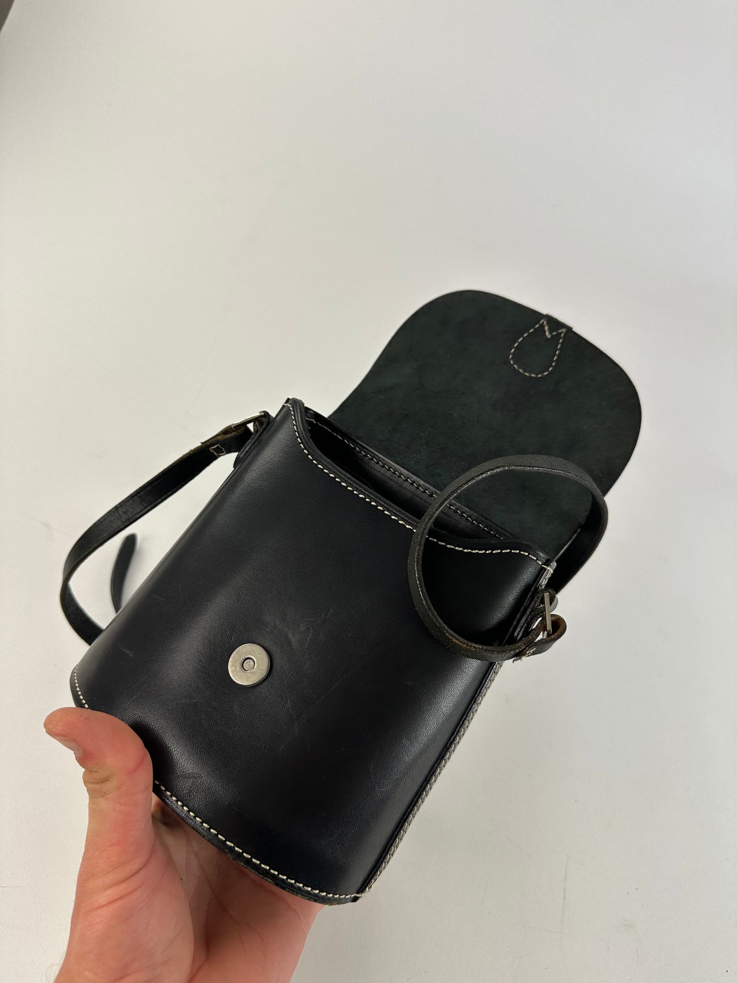 Vintage Courreges Paris Leather Crossbody Flap Bag Black