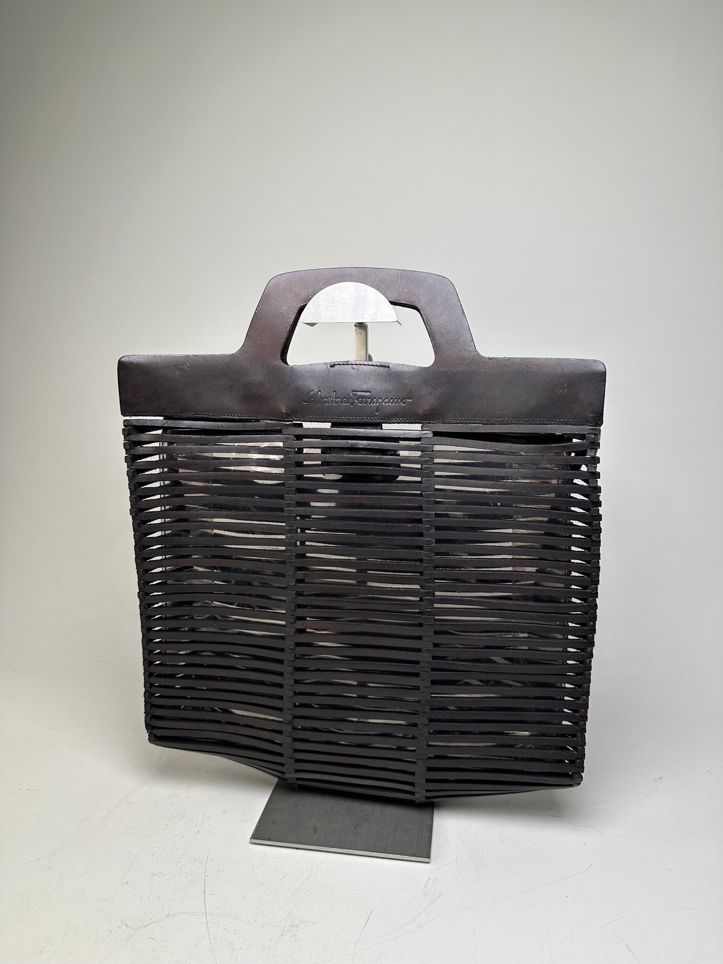 Vintage Ferragamo Woven Plastic Leather Tote Black Silver