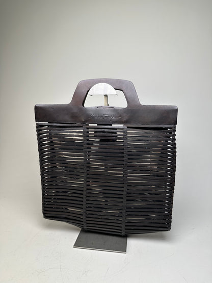 Vintage Ferragamo Woven Plastic Leather Tote Black Silver