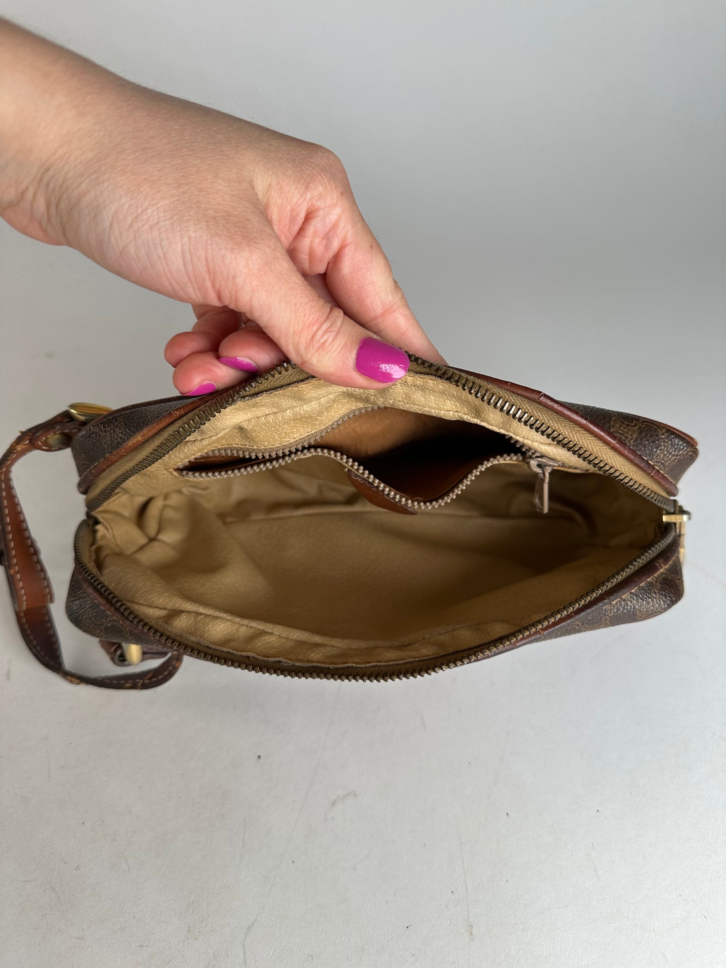 Vintage Celine Paris Triomphe Monogram Leather Clutch Brown