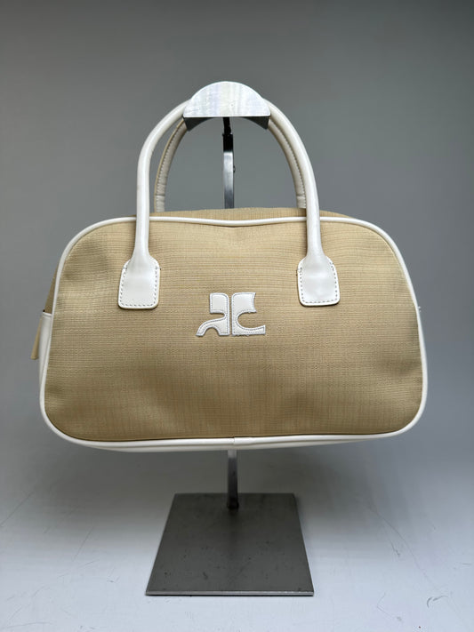 Vintage Courreges Canvas Leather Trim Handbag Beige White