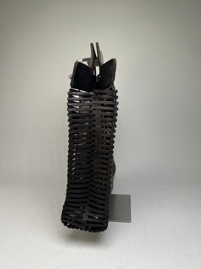 Vintage Ferragamo Woven Plastic Leather Tote Black Silver