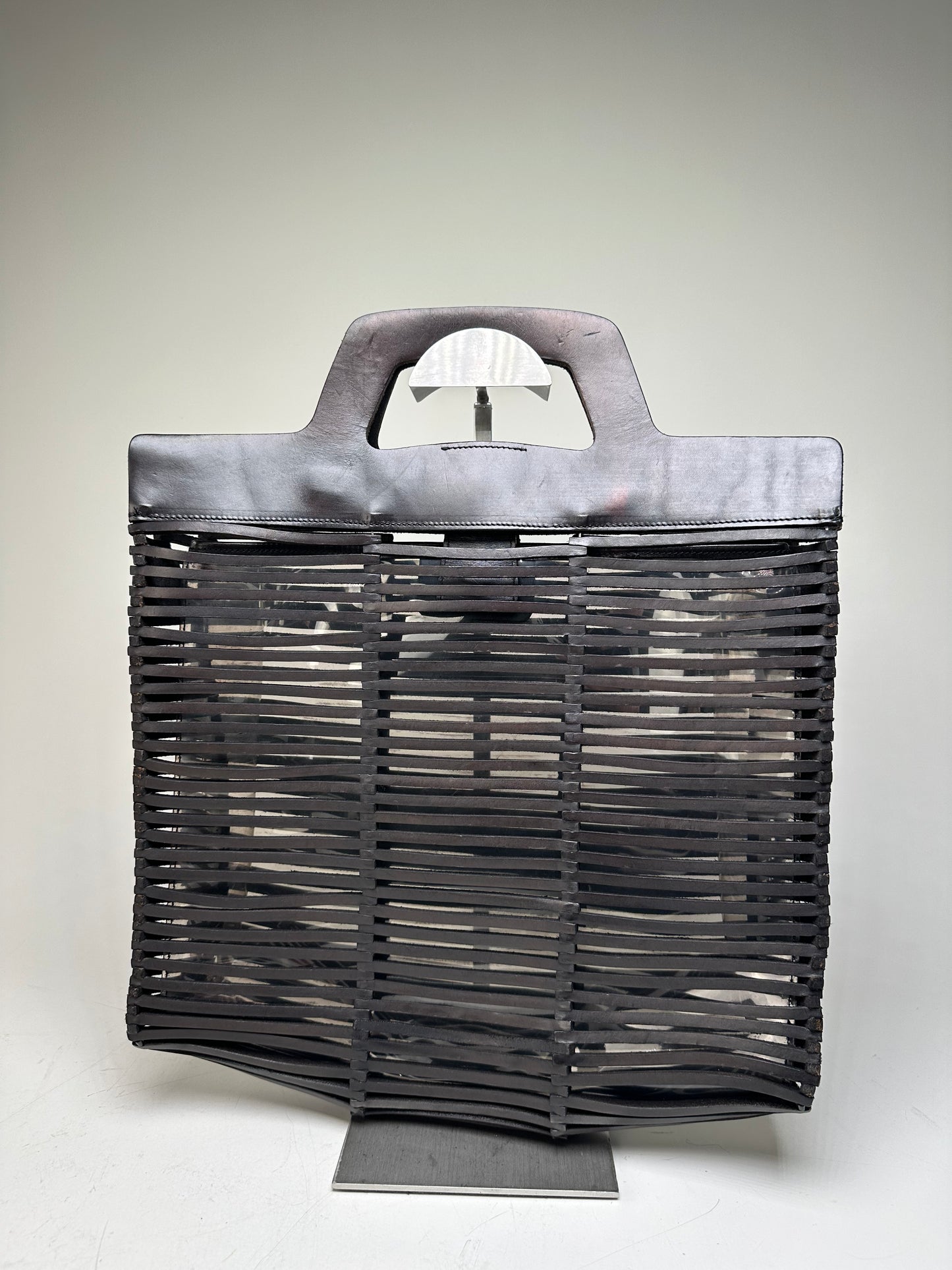 Vintage Ferragamo Woven Plastic Leather Tote Black Silver