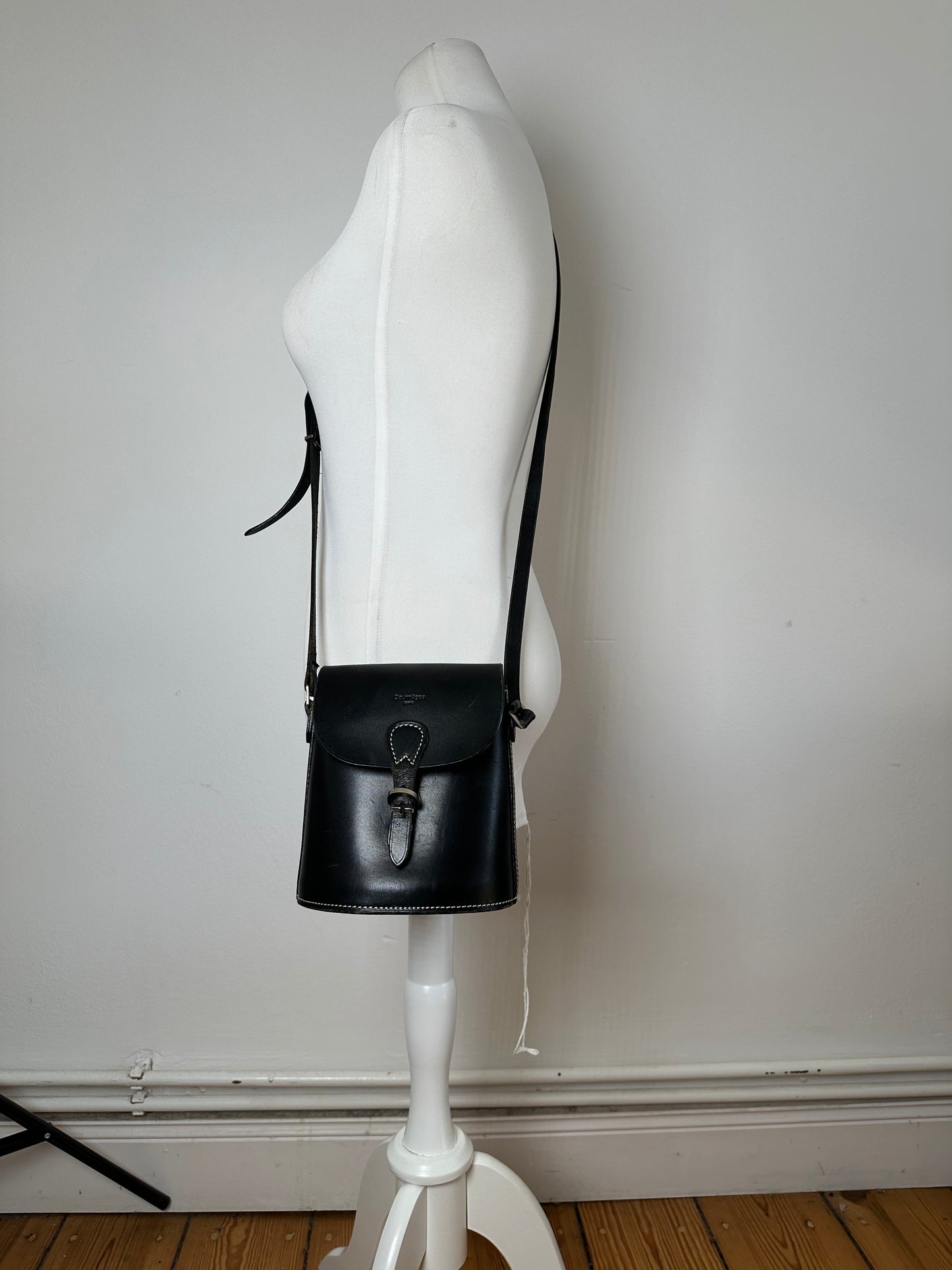 Vintage Courreges Paris Leather Crossbody Flap Bag Black