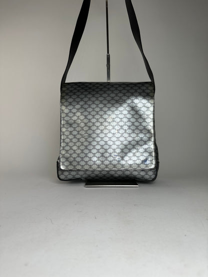 Vintage Celine Paris Triomphe Monogram Patent Leather Shoulder Bag Silver Black