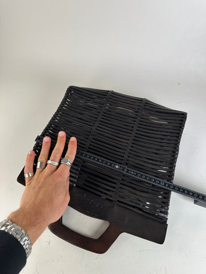 Vintage Ferragamo Woven Plastic Leather Tote Black Silver