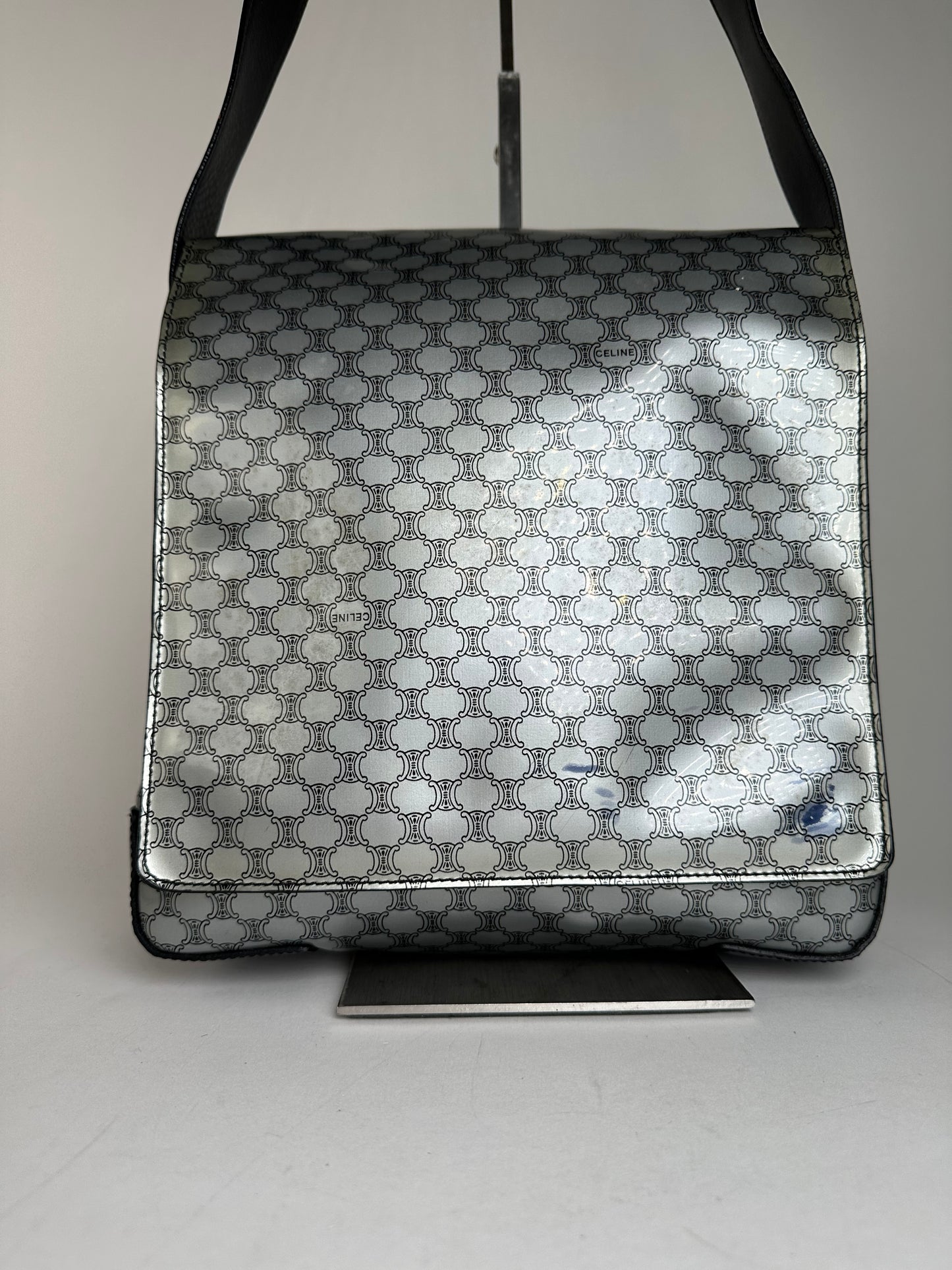 Vintage Celine Paris Triomphe Monogram Patent Leather Shoulder Bag Silver Black